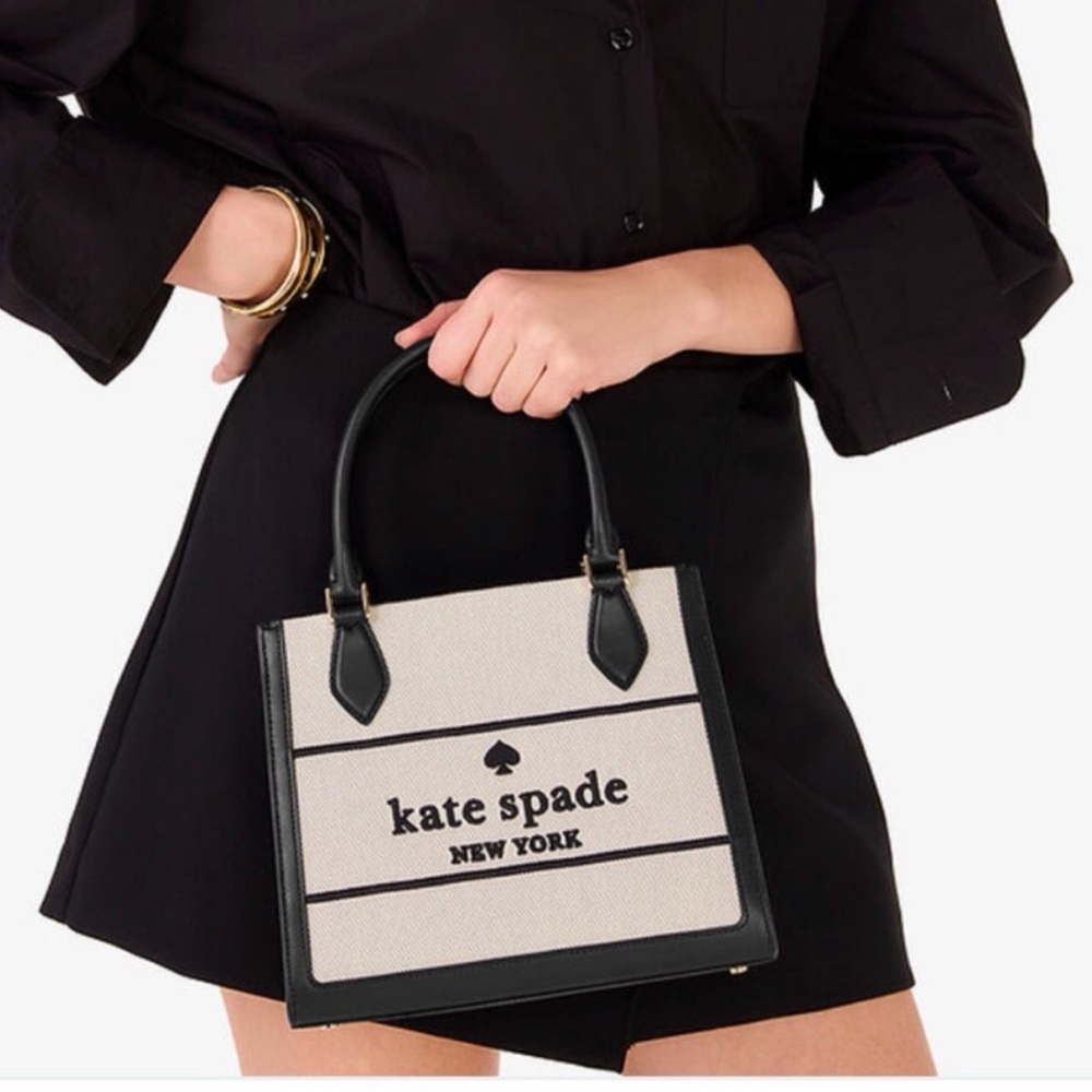 kate spade NWT Ellie Black and White canvas Satchel with crossbody strap